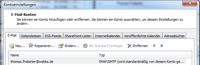 <strong>TLS aktivieren:</strong> Klicken Sie im oberen Menü auf "Extras" "Kontoeinstellungen", dort markieren Sie die entsprechende Adresse und klicken auf "Ändern".