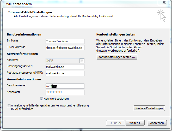 <strong>TLS aktivieren:</strong> Im folgenden Fenster tauschen Sie den Postein- und Ausgangsserver gegen "mail.webks.de". Klicken Sie dann auf "Weitere Einstellungen".