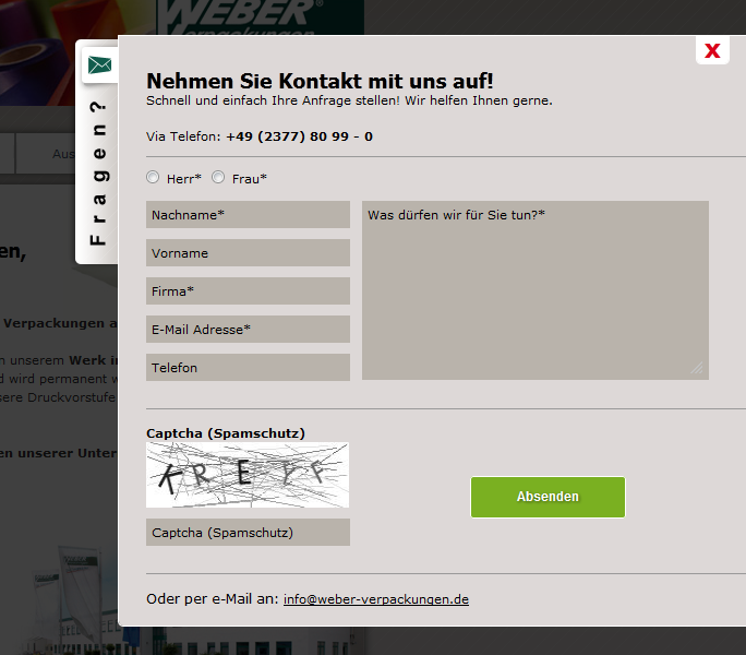 Weber-Verpackungen.de - Webdesign Kontakt Layer