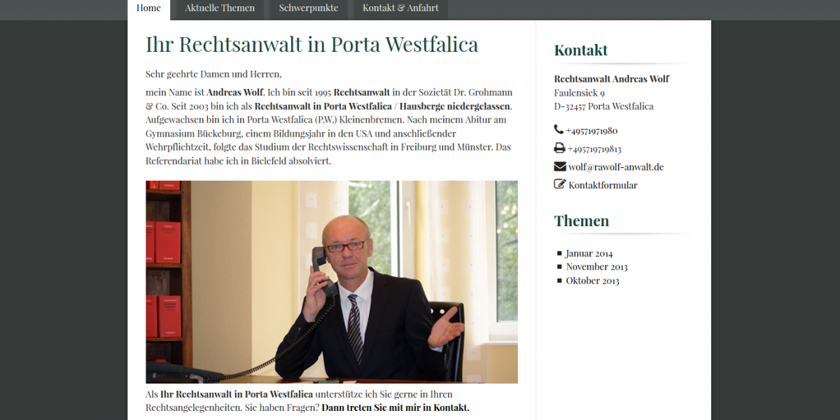 Startseite mit Foto und allen wichtigen Kontaktmöglichkeiten