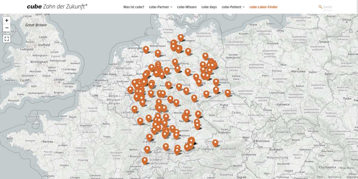 cube - Zahn der Zukunft Website: Laborfinder mit Open Streetmap Karte