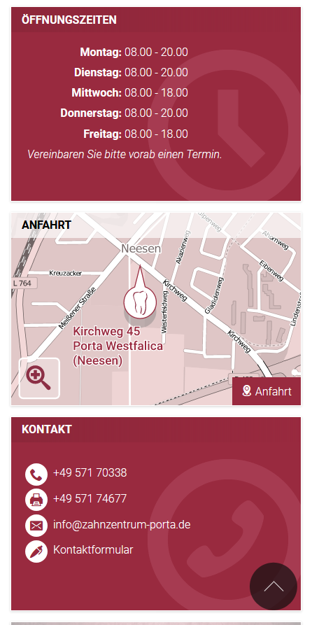 Startseite, Smartphone: Kacheln Öffungszeiten, Anfahrt und Kontakt