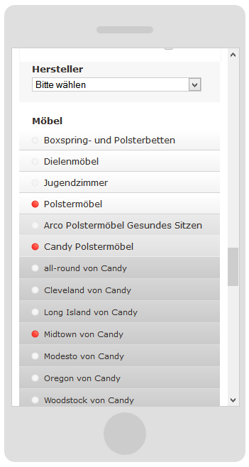 möbelpunkt.de Webdesign Kategorie-Navigation auf einem Smartphone