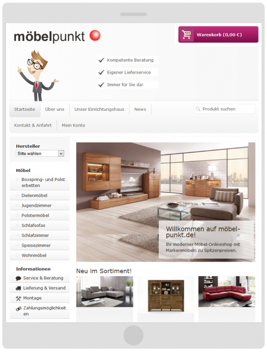 möbelpunkt.de Webdesign Startseite auf einem kleinen Tablet PC