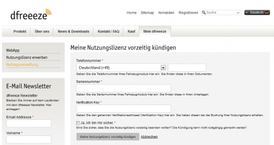 eCommerce Online Bestelllösung dfreeeze Nutzungslizenz vorzeitig kündigen