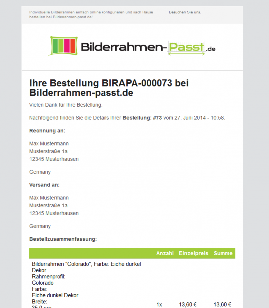 Bestätigungsmail (HTML) Drupal Commerce Konfigurator Onlineshop Entwicklung 