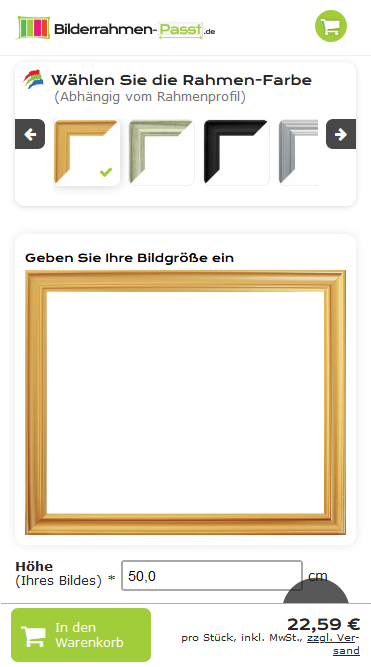 Drupal Commerce Konfigurator Onlineshop Entwicklung Konfigurator auf einem Smartphone: Auswahl Farbe & Vorschau des Rahmens