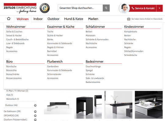 BigMenu bei Zeitlos-Einrichtung.info Onlineshop Webdesign