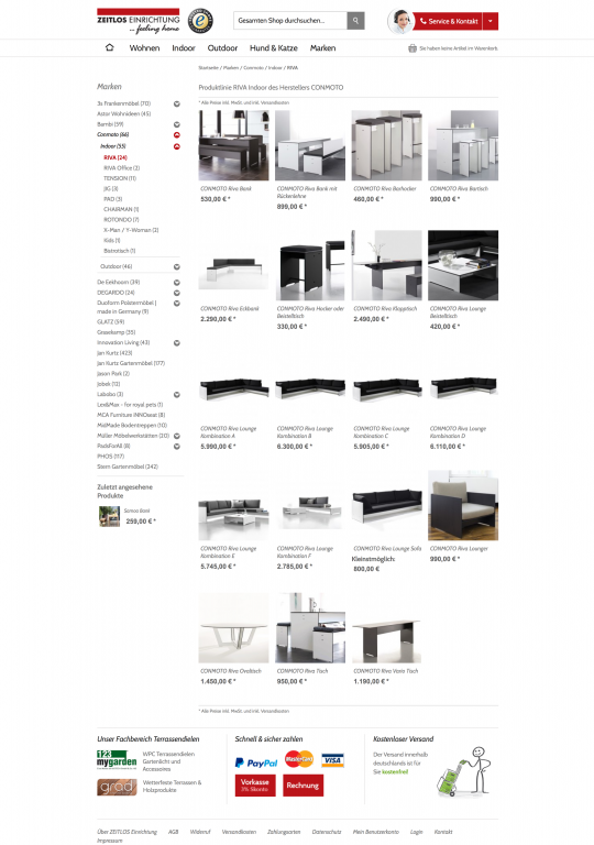Kategorieansicht Zeitlos-Einrichtung.info Onlineshop Webdesign