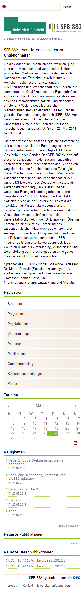 Uni Bielefeld SFB 882 - Webdesign Website Smartphone Ansicht
