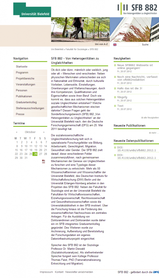Uni Bielefeld SFB 882 - Webdesign Website Tablet Ansicht