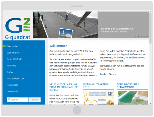 Webdesign mobilgerätefähiger Drupal 7 CMS Internetauftritt G quadrat Geokunststoffgesellschaft