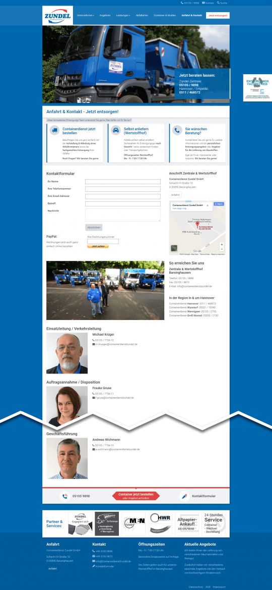 Containerdienst Zundel aus Barsinghausen bei Hannover - Kontaktseite auf einem Desktop PC