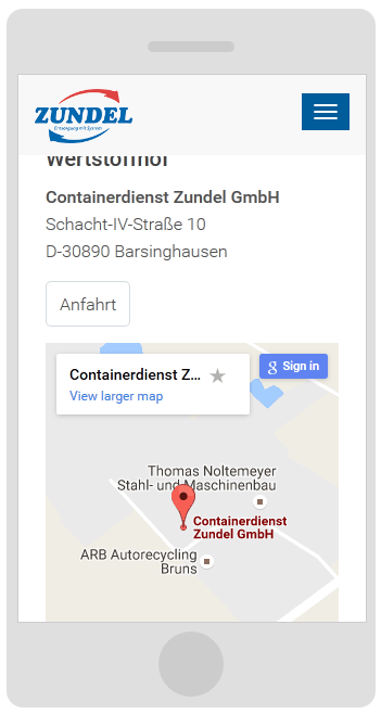 Containerdienst Zundel aus Barsinghausen bei Hannover - Seite Kontakt auf einem Smartphone