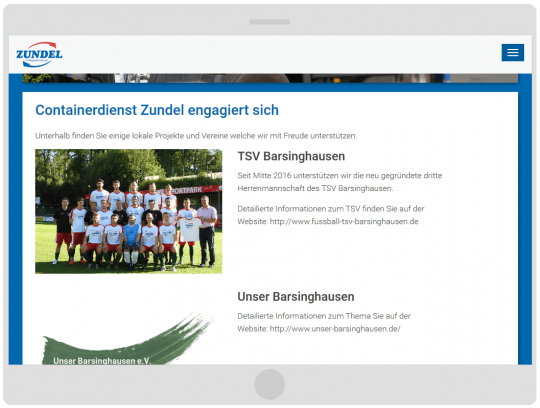 Containerdienst Zundel aus Barsinghausen bei Hannover - Seite Engagement auf einem Tablet
