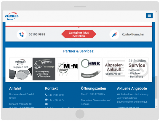 Containerdienst Zundel aus Barsinghausen bei Hannover - Fußbereich der Seite auf einem Tablet