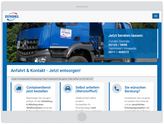 Containerdienst Zundel aus Barsinghausen bei Hannover - Oberer Teil der Kontaktseite auf einem Tablet