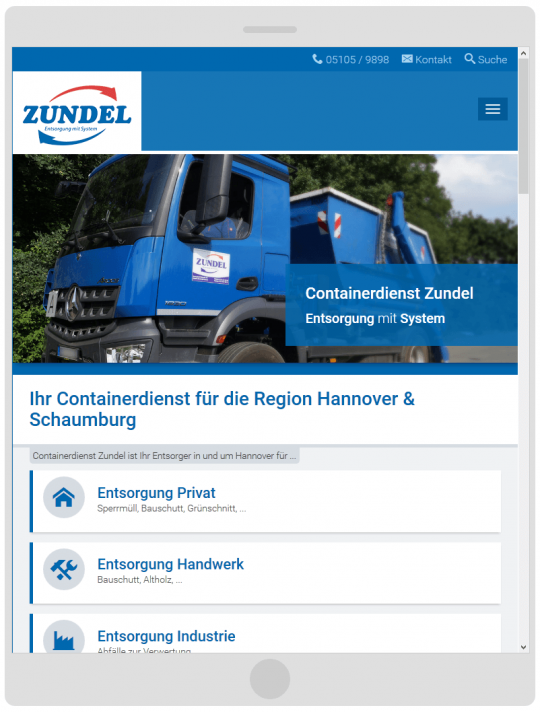 Containerdienst Zundel aus Barsinghausen bei Hannover - Startseite auf einem Tablet