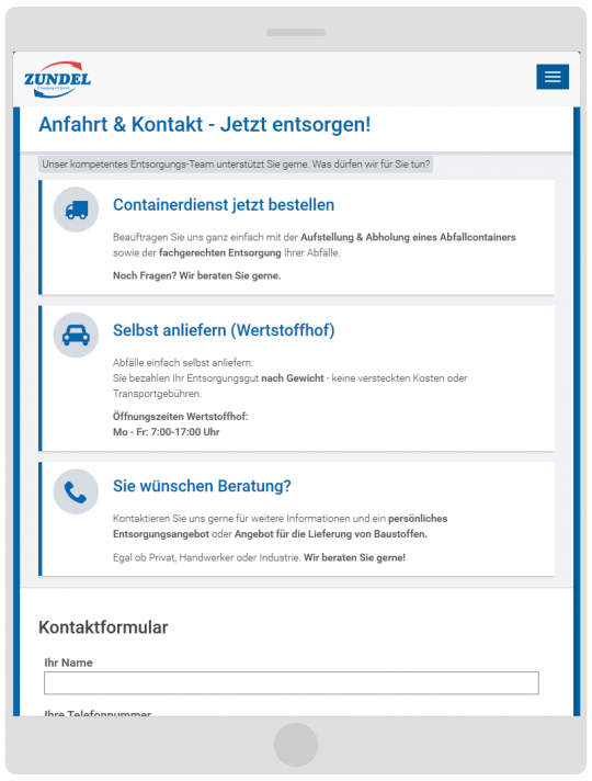 Containerdienst Zundel aus Barsinghausen bei Hannover - Kontaktseite auf einem Tablet