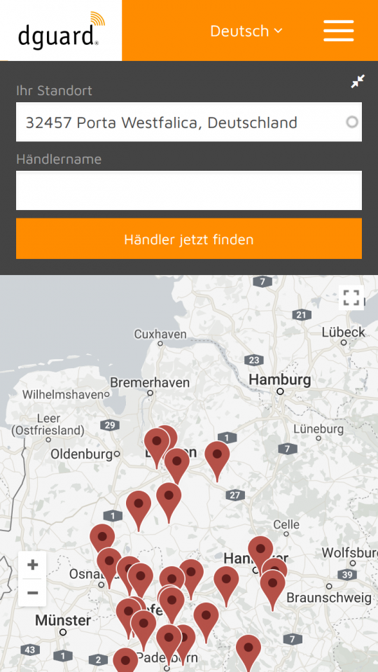dguard® Händlersuche auf dem Smartphone