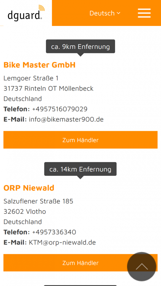 dguard® Händlersuche auf dem Smartphone