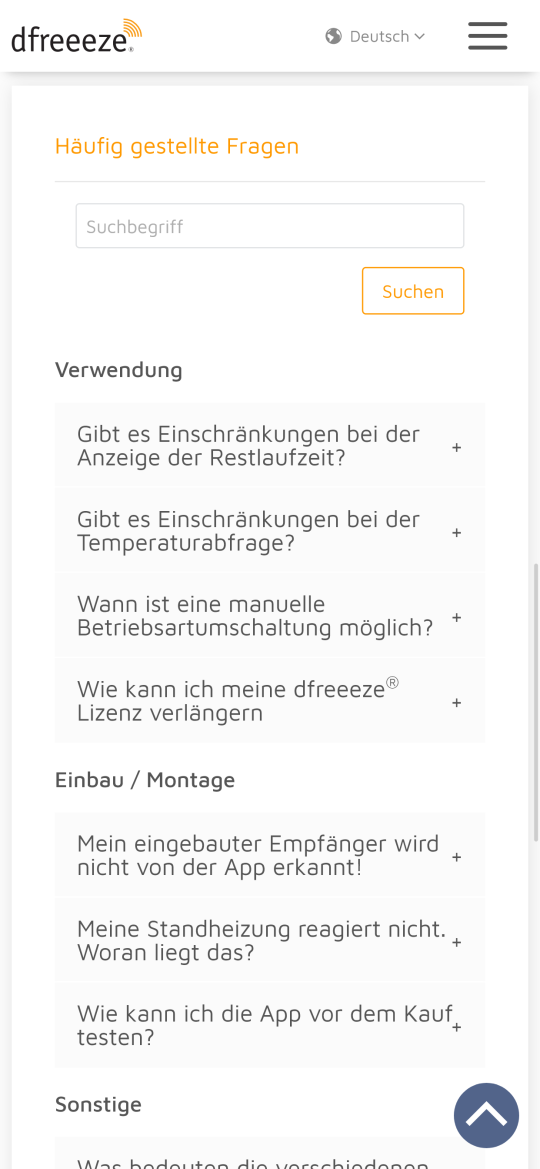 FAQs mit Suchfunktion (Mobilansicht)