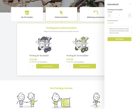 Flexibag.de flexible BigBag Entsorgung Drupal CMS Website Desktopansicht mit Warenkorb