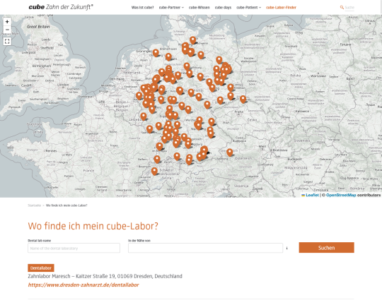 cube - Zahn der Zukunft Website: Laborfinder mit Open Streetmap Karte (Desktop)