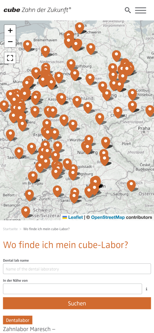 Laborfinder mit Open Streetmap Karte (Mobilansicht)