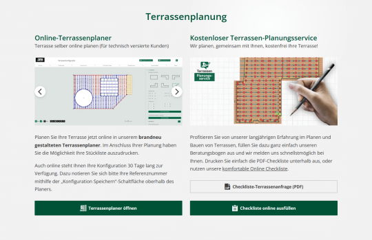 Gebündelte Informationen zur Terrassenplanung aufgebaut mit DROWL Paragraphs