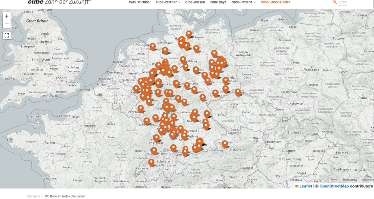 cube - Zahn der Zukunft Website: Laborfinder mit Open Streetmap Karte