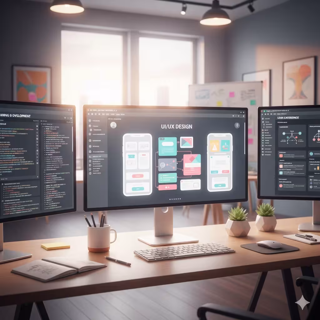 Monitore mit UI / UX-Tools + Code Editor (AI generiert)